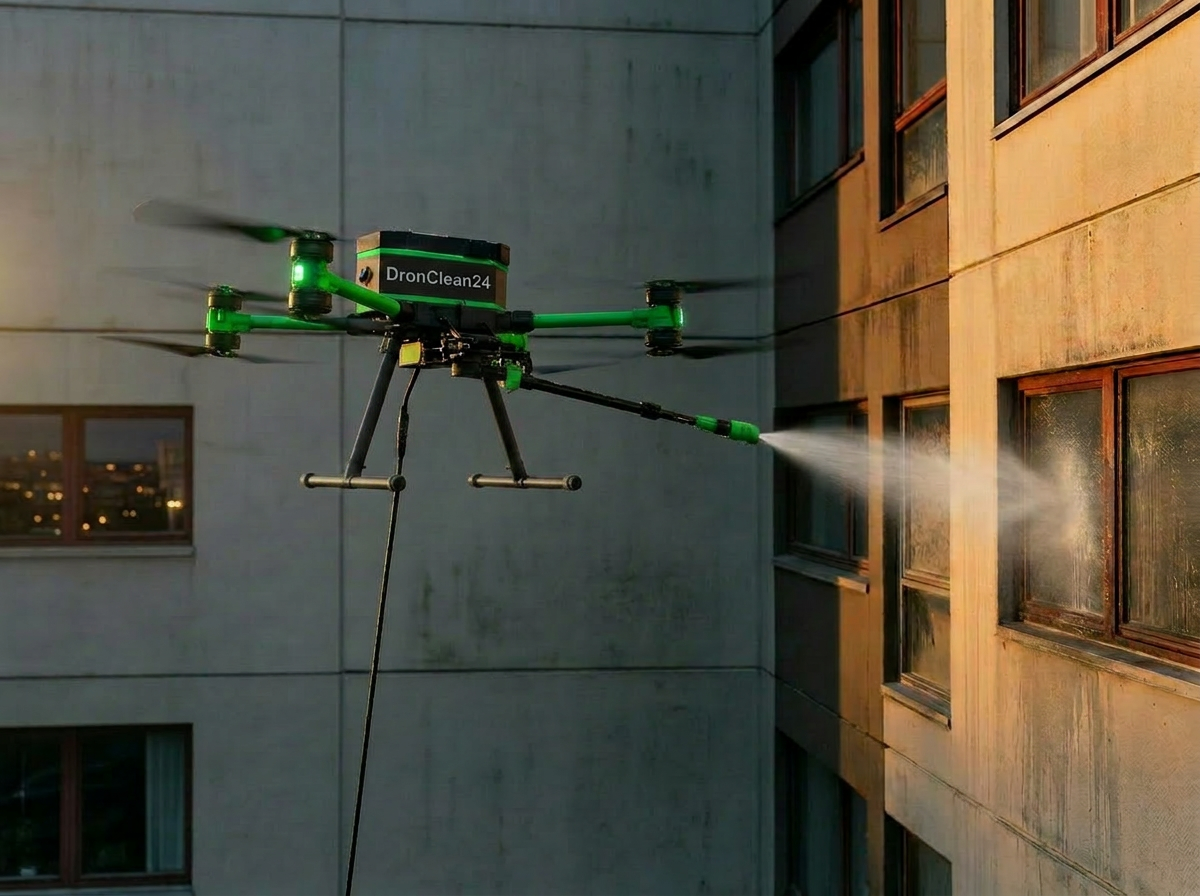 Dron czyszczący elewację wieżowca